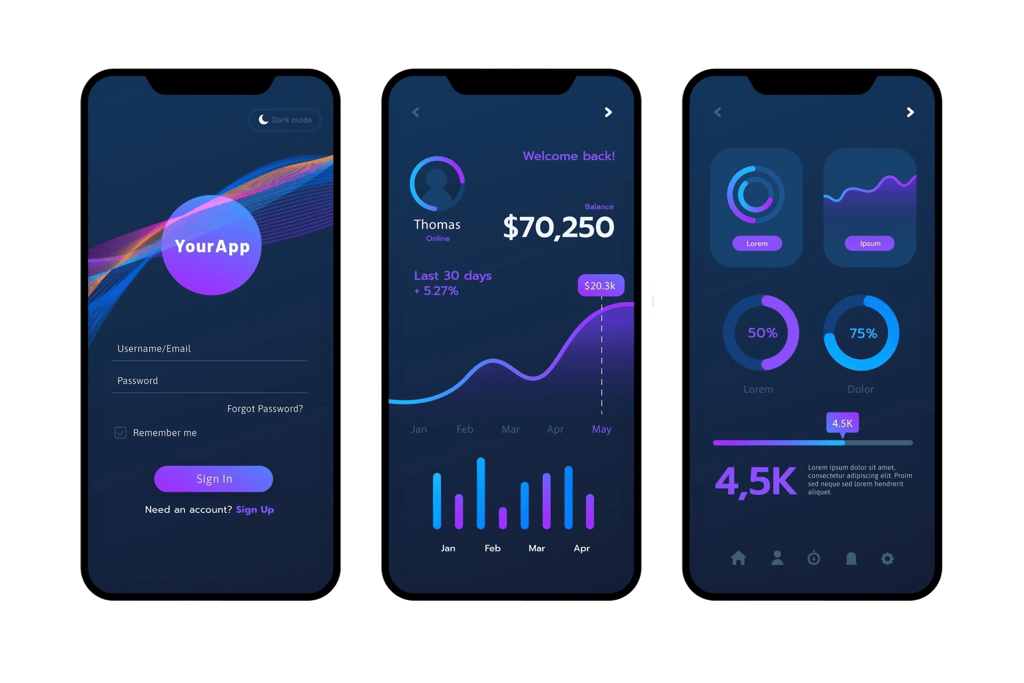 A sleek, dark-themed analytics dashboard UI